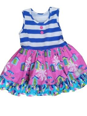 Eleanor Rose Beach Shack Story Print Ruffle Play Dress Pink Stripe 6-7